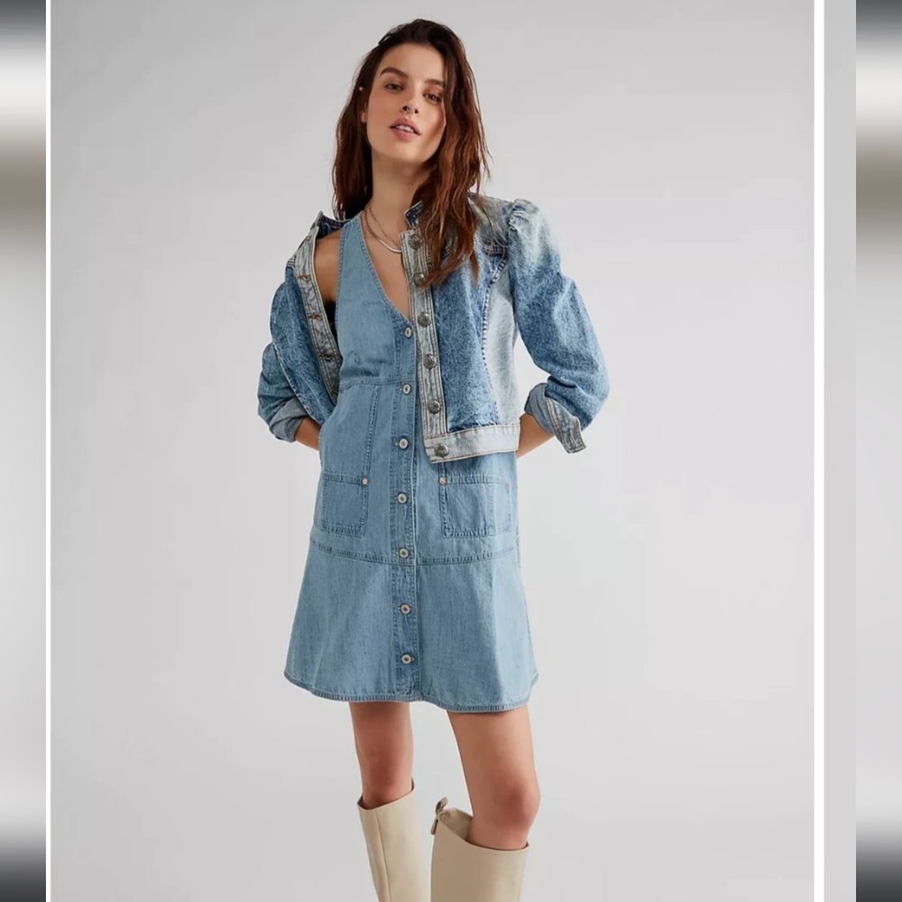 Davi & Dani V Neck Button Front Adjustable Strap Denim Dress